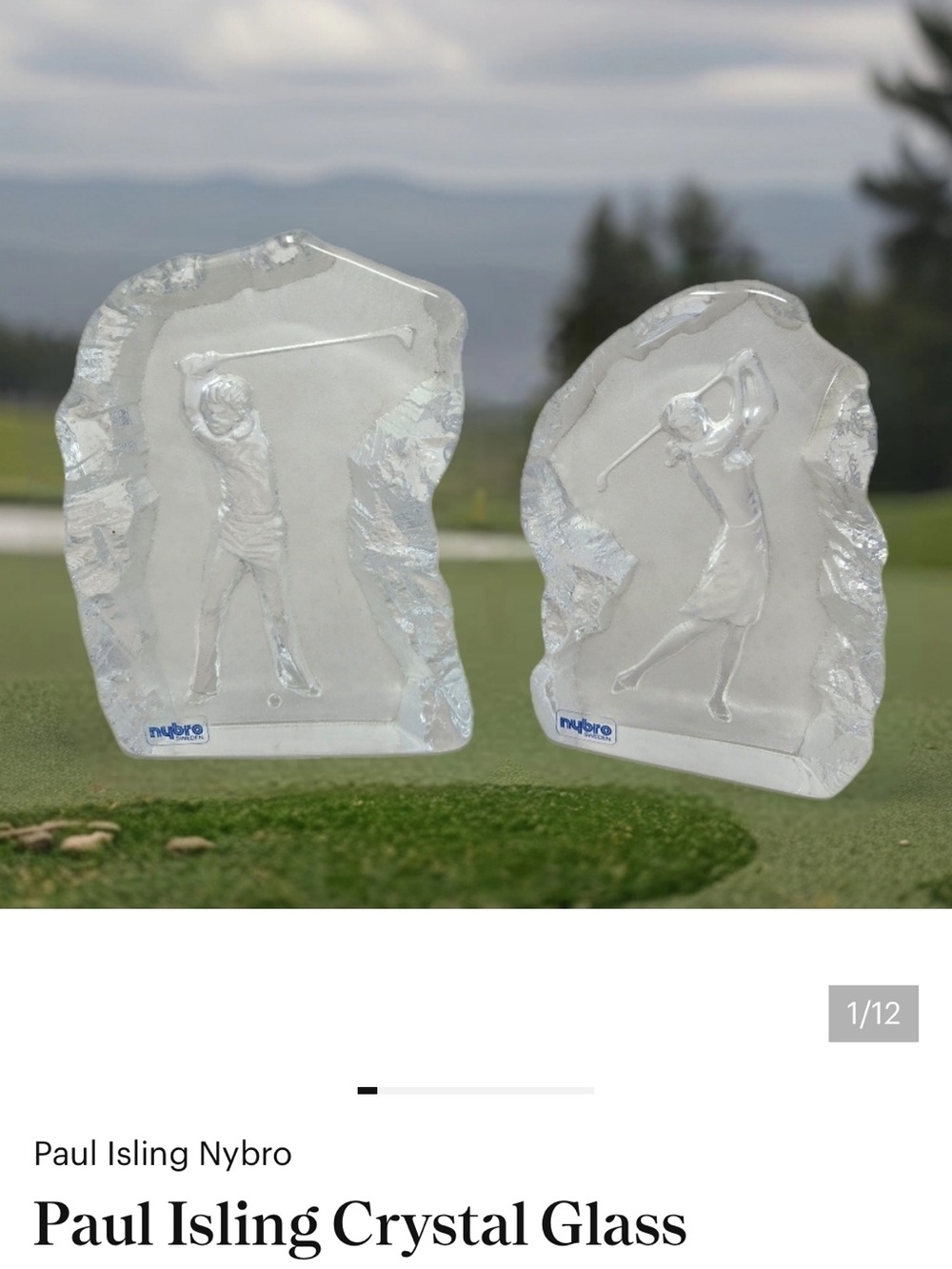 Paul Isling Crystal Glass Artwork Set Man & Women Playing On Golf Course Nybro